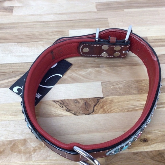 Mad Cow genuine leather jewelry dog collar handmade red pink turquoise studded - Picture 6 of 14